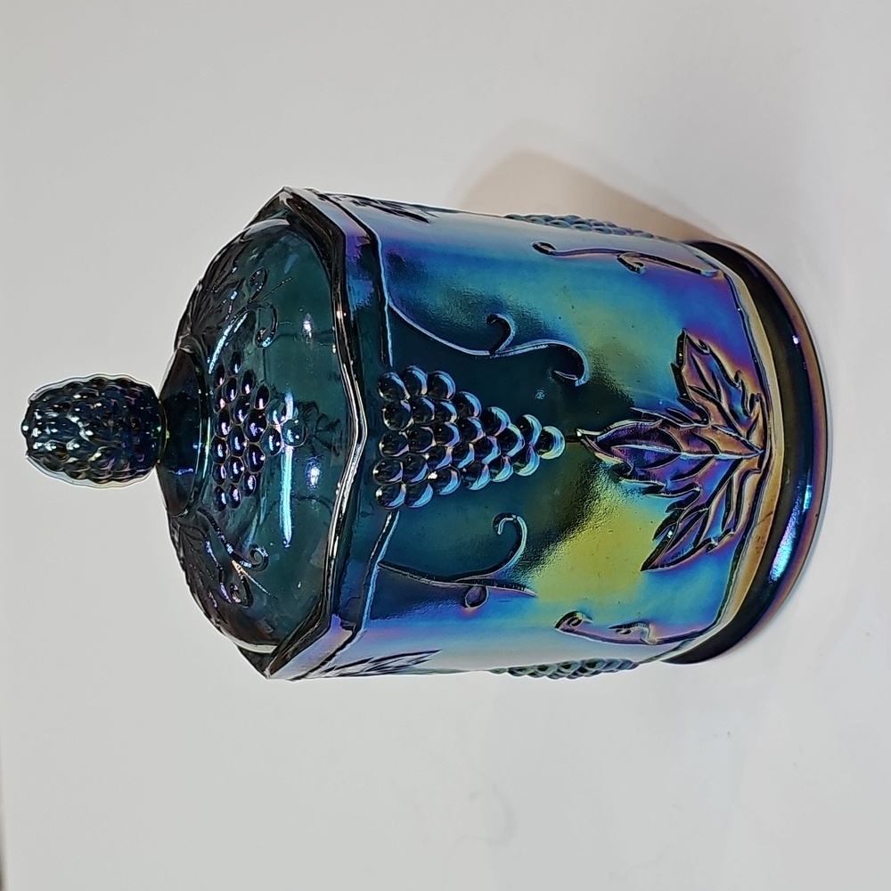 Vintage Indiana Glass Blue Carnival Glass "Harvest Grape" Jar Canister w/ Lid